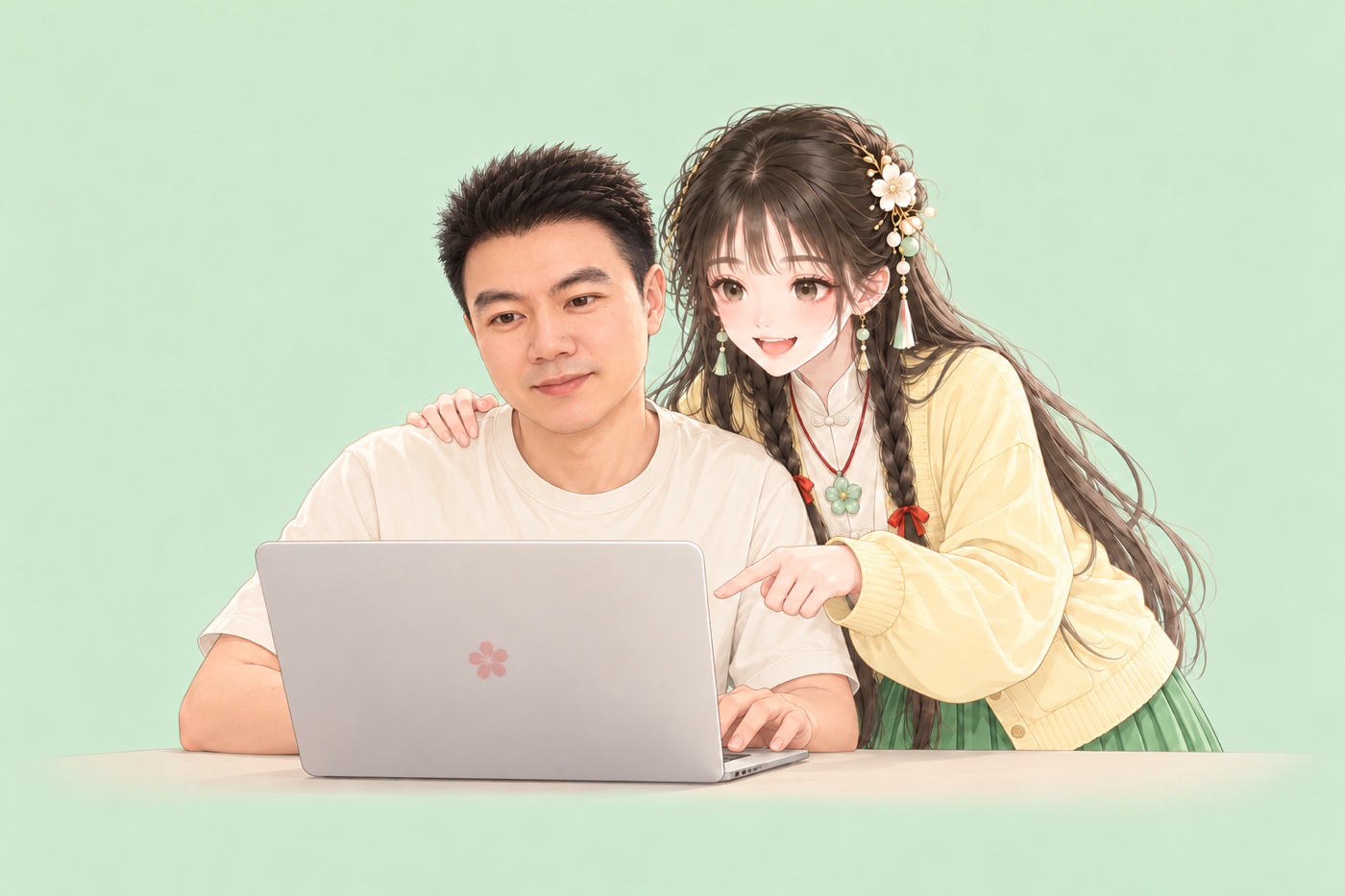 摩擦哥在电脑前，AI 女友青梅在旁边指着屏幕